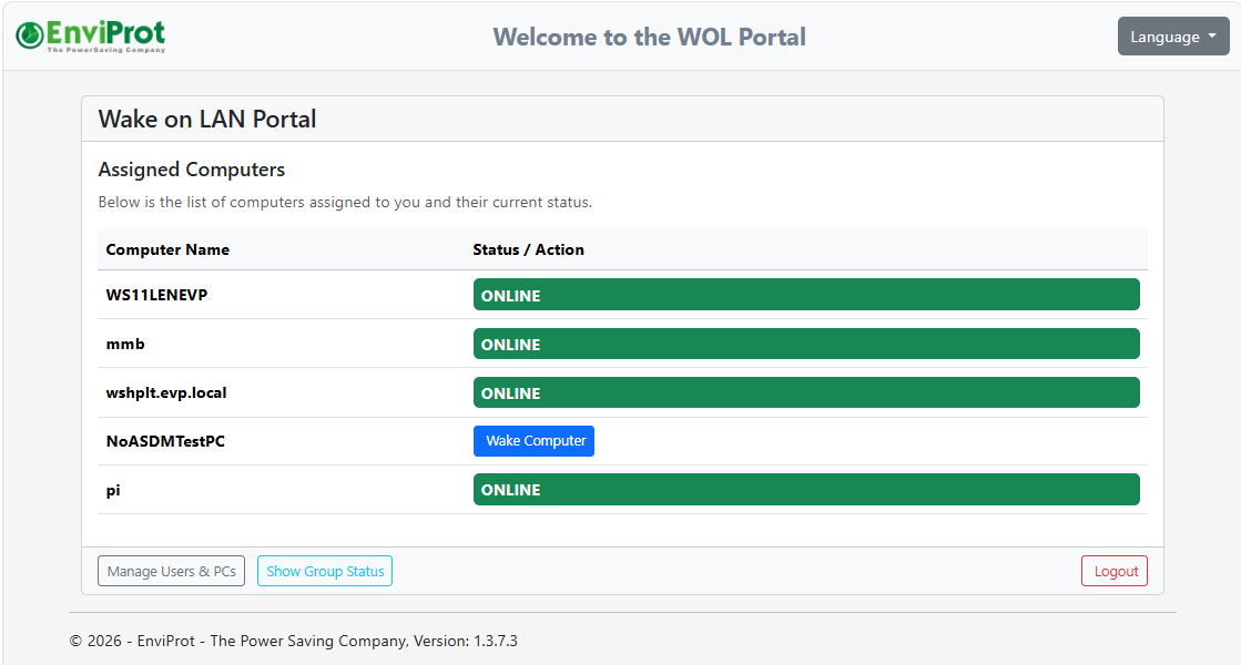 Advanced WOL Portal mit Liste autorisierter Computer, Online-Status und Aktion zum Aufwecken