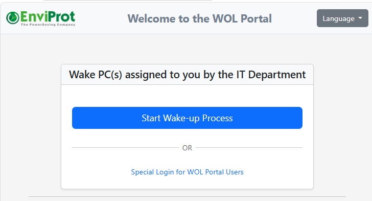 Startseite des Advanced WOL Portals zum Aufwecken von durch die IT zugewiesenen PCs