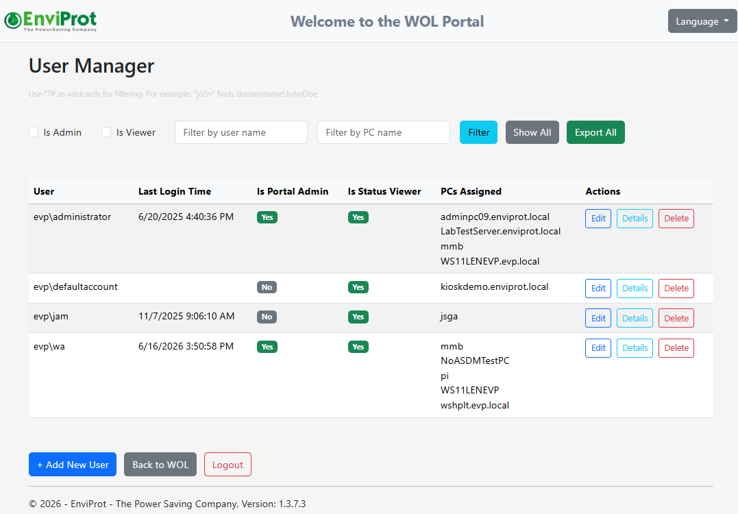 Advanced WOL Portal User Manager mit Portalrollen und direkt zugewiesenen PCs