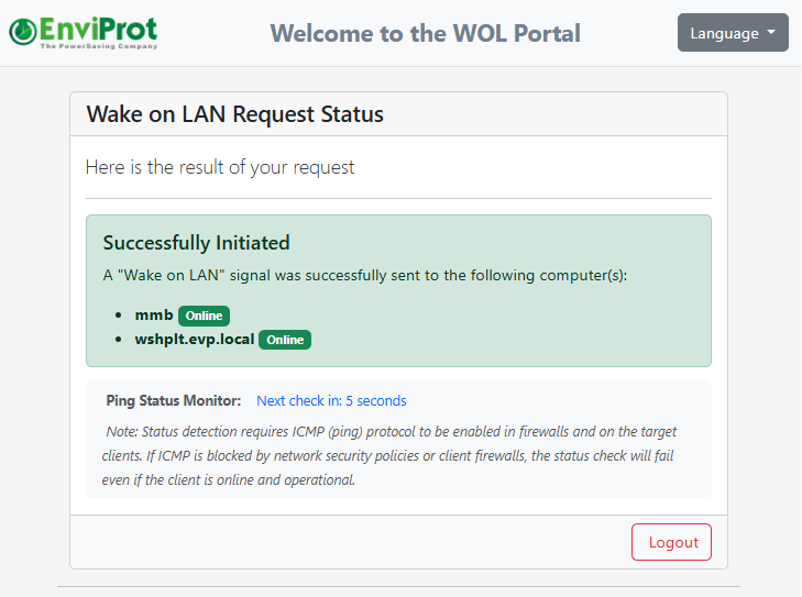 Advanced WOL Portal mit erfolgreich gestarteter Wake-Anfrage und Endpoint-Status