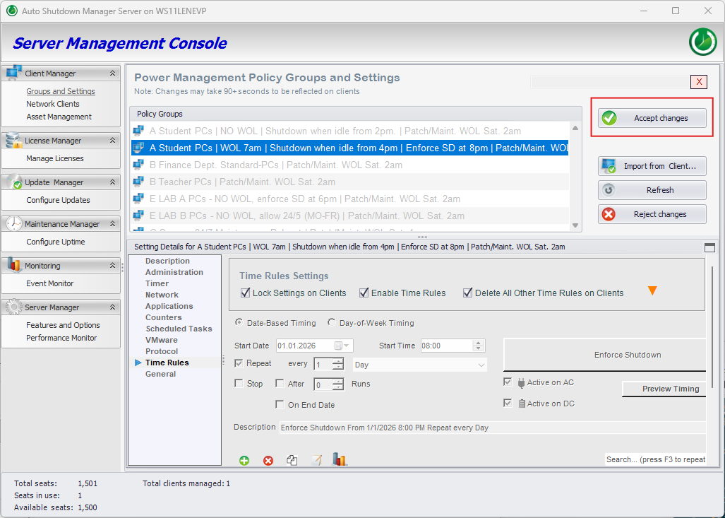 ASDM Management Console mit hervorgehobenem Accept changes