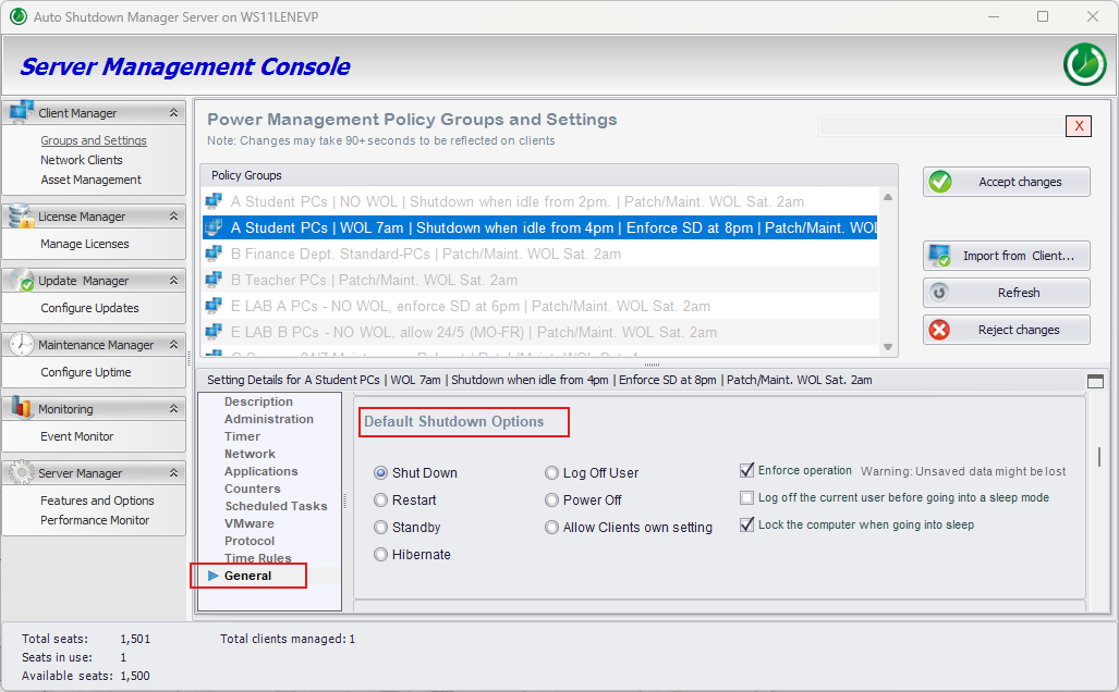 ASDM Default Shutdown Options mit ausgewähltem Shut Down