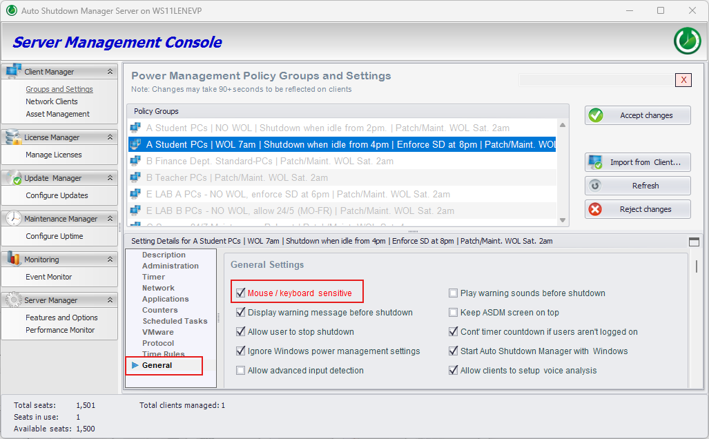 ASDM-General-Einstellungen der Gruppe mit aktiviertem Mouse keyboard sensitive und Allow user to stop shutdown