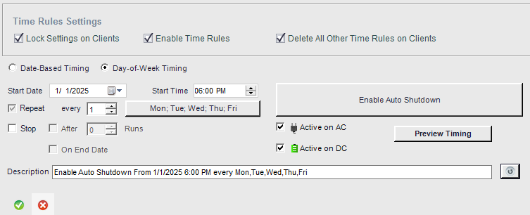 With the Auto Shutdown Manager feature called "Time Rules", this is very easy.  If you are on a single client PC, navigate to the tab "Time Rules"  If you are on the Auto Shutdown Manager Server, open the Management Console -> Groups & Settings and select the PC group that you want to modify.  In this example, we want to keep the PCs up and running from Monday - Friday between 07:00am and 6:00pm.    Prevent Shutdowns or Saving Mode:  1) Open Time Rules  2) Add a new Time Rule  3) Set the appropriate timing for you scenario. In our case we select the Day-of-Week timing mode and set the start time to 07:00 am  4) Then we select the days Mon-Fri and keep the 1 in repeat every because we want to repeat this every week  5) We set the Action to "Disable Auto Shutdown"  6 We Save this Time Rule       Allow Shutdowns or Saving Mode:  1) Add a new Time Rule  2) Again set the appropriate timing for you scenario. In our case we select the Day-of-Week timing mode and set the start time to 06:00 pm  3) Then we select the days Mon-Fri and keep the 1 in repeat every because we want to repeat this every week  4) We set the Action to "Enable Auto Shutdown"  5) Save this Time Rule