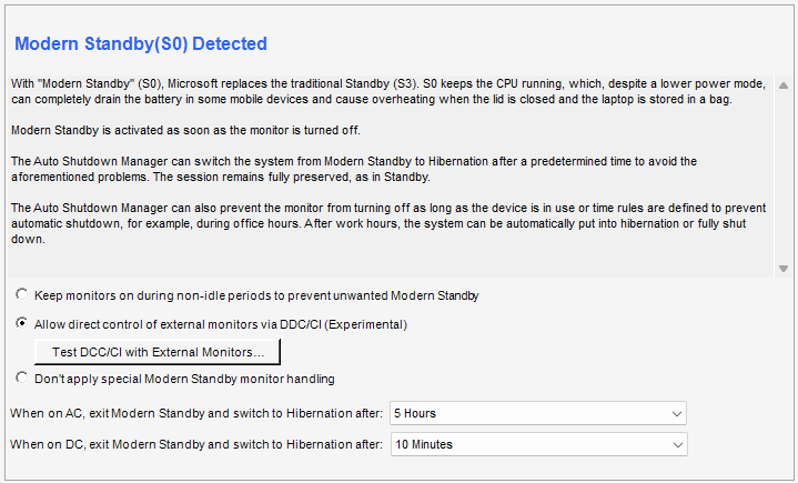 ASDM Modern Standby: Einstellungen zur Steuerung externer Monitore